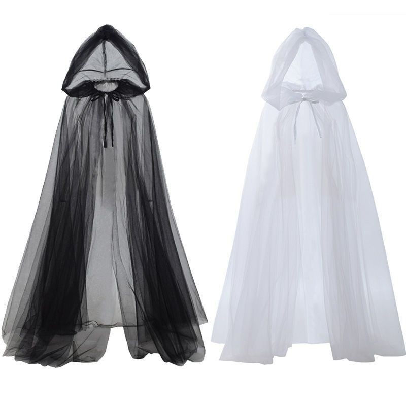 Halloween Cosplay Ghost Costume with Hooded Cape Witch Mesh Long Cloak